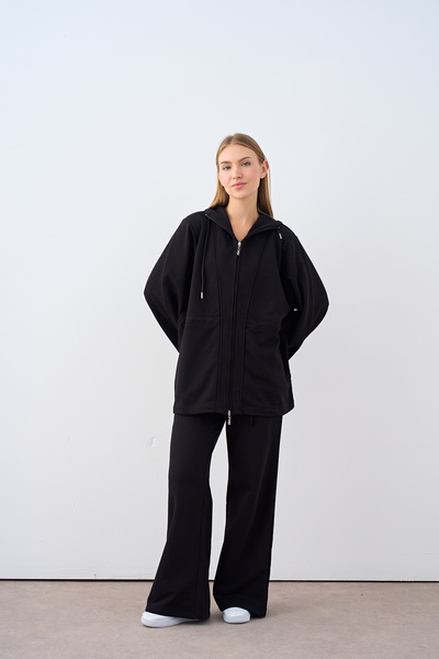 LOCCO Women's Drawstring Detail Hooded Set Black