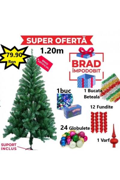 E-ANAMAG Oferta Brad Artificial de Craciun 120 cm, Suport Inclus + Cadou Accesorii Impodobit