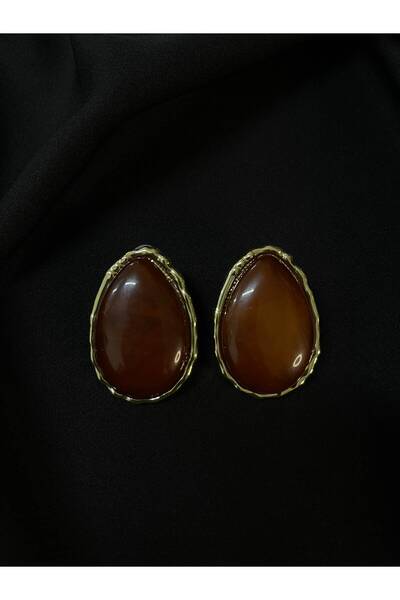 DUUE ACCESSORY Gold Renk Çerçeveli Kahverengi Damla Taş Detaylı Kadın Küpe
