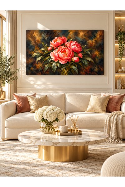 TRADE AYS Saray Çiçekleri Pembe Şakayık Çiçekli Yatay Kanvas Tablo, Yağlı Boya Görünümlü Dekoratif Salon Duvar Tablo