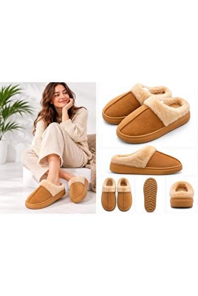 Masal Başdağ Women's Furry Suede Look Winter House Slippers