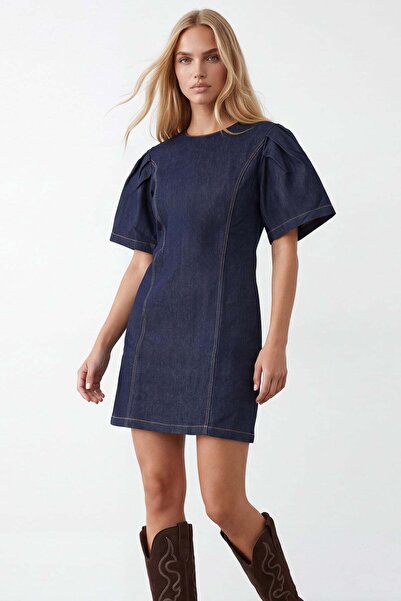 Trend Alaçatı Stili Rochie din denim albastru închis pentru femei, cu mâneci ...