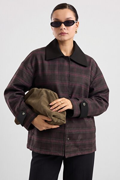 Olcay Plaid Patterned Water-Repellent Short Trench Coat with Cape Detail Mürd...