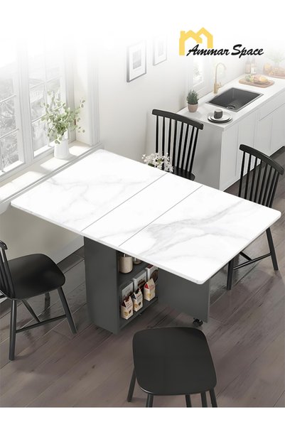 Ammar Space طاولة طعام قابلة للطي متعددة الألوان مقاس 120×60×70 سم مع 6 عجلات، طاولة مطبخ مع رفوف تخزين من طبقتين، طاولة عشاء متعددة الوظائف قابلة للتمديد وموفرة للمساحة لغرفة الطعام والمنزل والمساحات الصغيرة