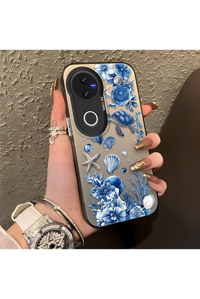 CHICASELUX غطاء متوافق مع هاتف Vivo V50 بنمط السلحفاة الزرقاء والصدف والمرجان...