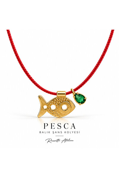 Rossetto Atelier Design Red String Green Stone Pesca Fish Luck Necklace
