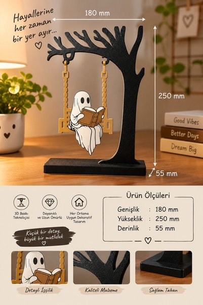 Piyo Design Kitap Okuyan Hayaletli Ağaç Salıncağı 3D Baskı Dekoratif Figür – ...