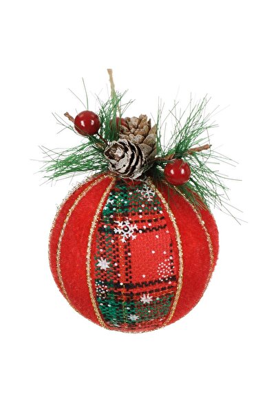DD SHOP Ornament Brad de Craciun Glob Rosu Verde Carouri Catifelat Crenguta B...