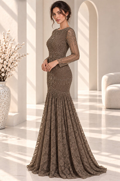 SELSAL Embroidered Mermaid Lace Evening Dress - Brown