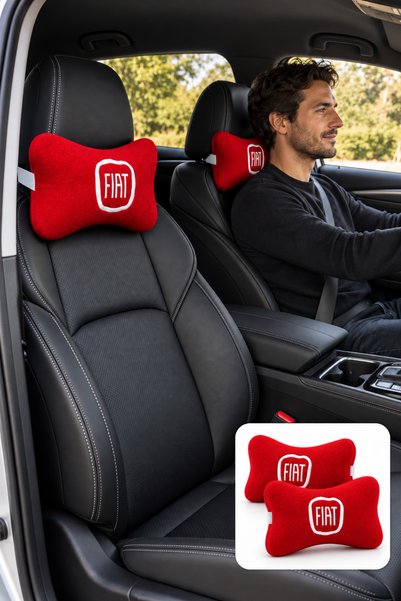 TUSBA MARKET Fiat Embroidered Red Fleece Car Neck Pillow Set of Two Auto Seat...