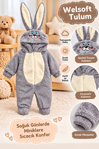 Feyza GRİ TAVŞAN Premium Wellsoft Peluş Bebek Tulum