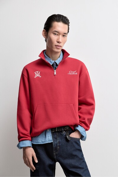 LEFTIES ERKEK Süet işlemeli yarım fermuarlı crop sweatshirt