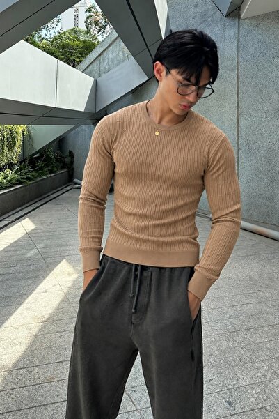 comstar Men's Crew Neck Long Sleeve Camel Sweater