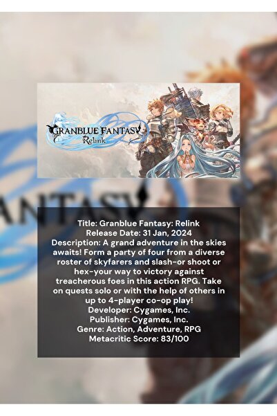 OEM Poster Infografic Granblue Fantasy Relink, Joc RPG de Actiune, Carton 250...