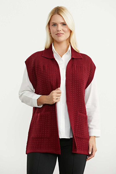 Sementa Turn-Down Collar Knitted Vest with Pockets - Burgundy