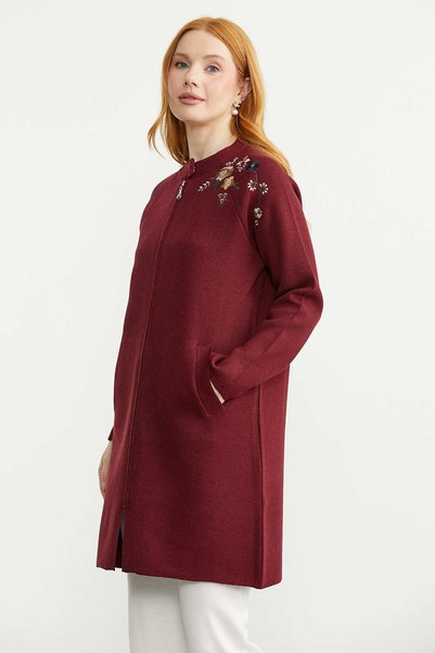 Sementa Embroidery Detailed Long Wool Trko Cardigan - Burgundy