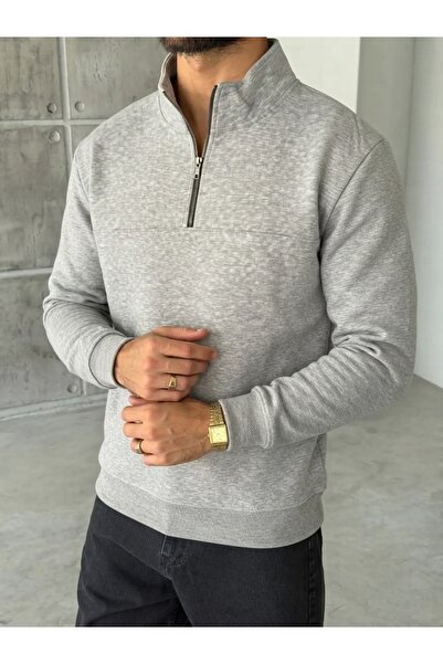 More Black Unisex Gray Stand Collar Half-Zip Oversize Sweatshirt