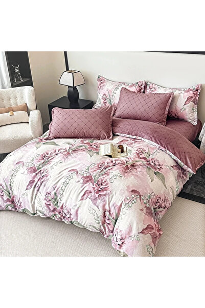 decorami Lenjerie pat dublu, FINET, 6 piese, cu ELASTIC, Jojo Home, Alb, Mov,...