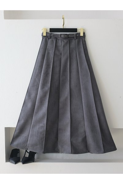 Hepsi Moda Belted Suede Skirt - Smoked