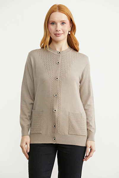 Sementa Round Neck Knitwear Cardigan with Pockets - Beige