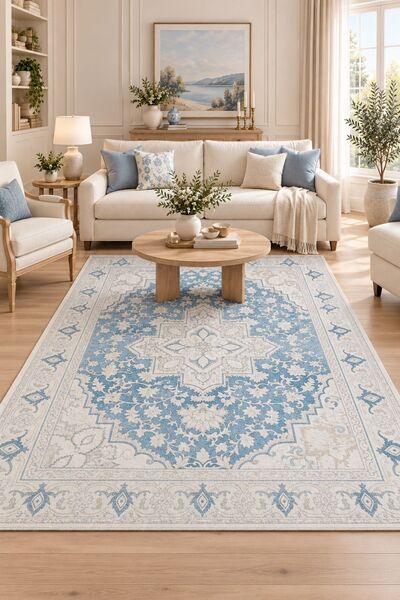 Oriente Home Arvena Serisi Retro Mavi Şönil Makine Halısı Kaymaz Taban Salon ...