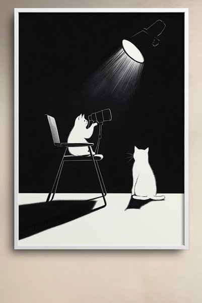 HOMEPACK Black and White Cats under Spotlight Framed Painting Cat Poster Modern Wall Decor Kedi47