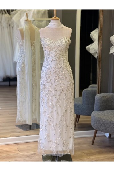 Lenta Wedding Beyaz Yapraklı Dantel Kaplama Kalp Yaka Şal Detaylı Uzun Kalem ...