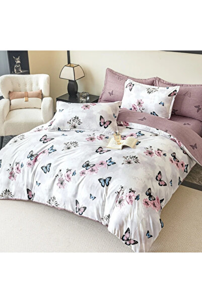 decorami Lenjerie pat dublu, FINET, 6 piese, cu ELASTIC, Jojo Home, Gri, Mov,...