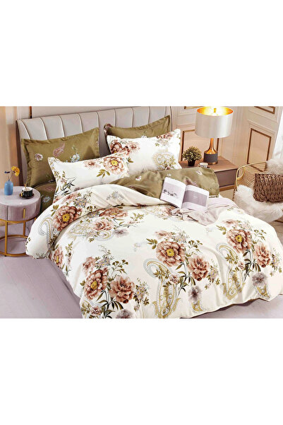 decorami Lenjerie pat dublu, FINET, 6 piese, cu ELASTIC, Jojo Home, Crem, flori
