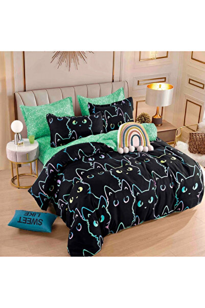 decorami Lenjerie pat dublu, FINET, 6 piese, cu ELASTIC, Jojo Home, Negru, pi...