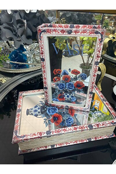 elif aksesuar Vase Wooden Mirrored Decorative Retro Canvas Covered Floral 2-Piece Book Box 27*18cm 13*21cm