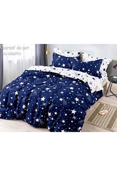 decorami Lenjerie pat dublu, FINET, 6 piese, cu ELASTIC, Jojo Home, Bleumarin...