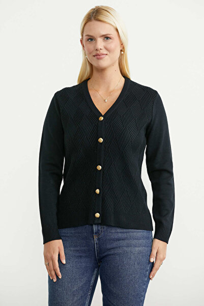 Sementa Motif V-Neck Knitwear Cardigan - Black