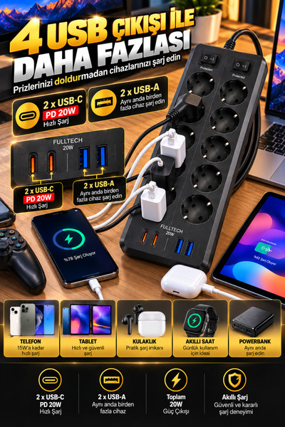 Merwish 10'lu Akım Korumalı Priz 1050 Joule, 2 USB-C PD 20W, 2 USB-A, 2 Metre Kablolu, 16A 3680W, Çift Anahtarlı, Çocuk Korumalı Siyah Çoklu Priz
