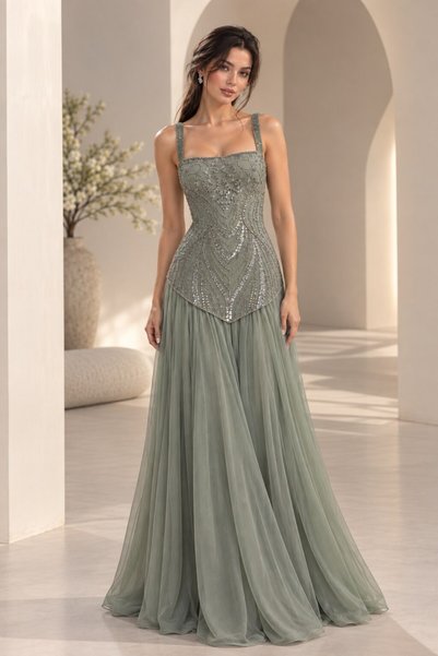 SELSAL Crystal Embellished Evening Dress with Tulle Skirt - Olive Grey