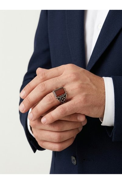 Ari Jewelry 925 Ayar Gümüş Kırmızı Akik Taşlı Erkek Yüzük - Ay Yıldız Motifli...