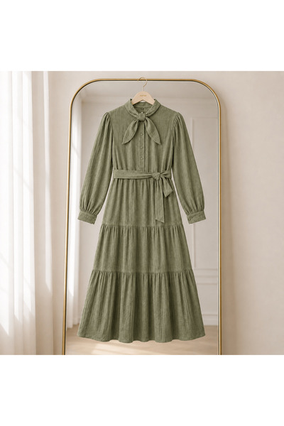 Hepsi Moda Scarf Collar Half Buttoned Dress - 2622 - Green