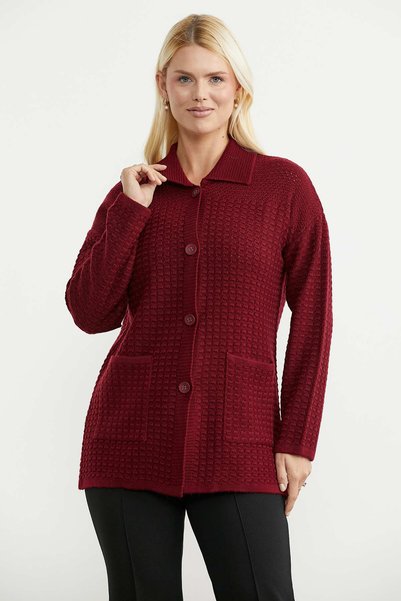 Sementa Örgü Motifli Polo Yaka Cepli Triko Ceket - Bordo