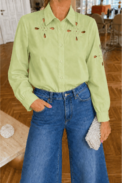 Hepsi Moda قميص مطرز بتفاصيل زهرية - أخضر زاجلا