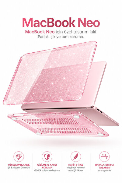 Fibaks Macbook Neo A3404 A18 Pro Kılıf Rose Parlak Simli Şeffaf 360 Tam Korum...