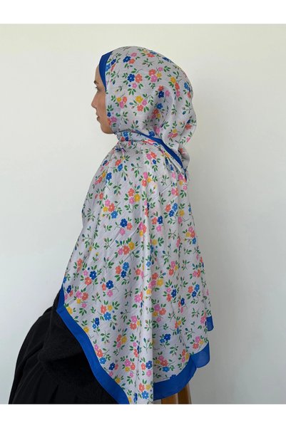 Hepsi Moda Mini Floral Pattern Soft Shawl - Saks Blue & Ecru
