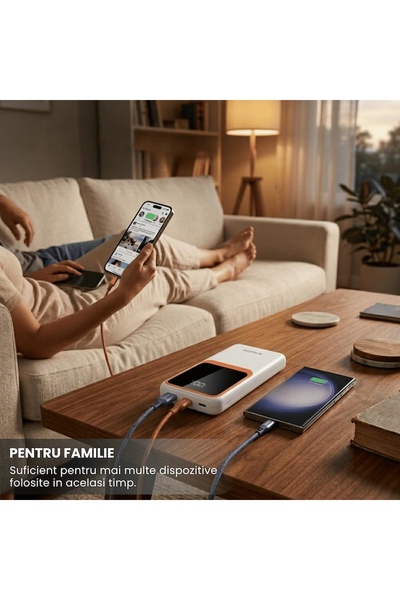 Sunix Baterie externă PB-70, 20000 mAh, IC Dual, USB-A, Micro USB, Type-C, Display LED, iOS și Android