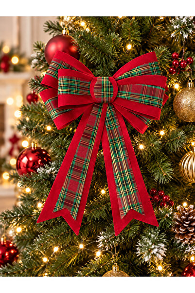 party mix Christmas Tree Bow Ornament Red Green Plaid Velvet Textured Decorative Ribbon 22X32 cm