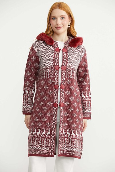 Sementa Ethnic Patterned Faux Fur Detailed Long Knitwear Cardigan - Burgundy