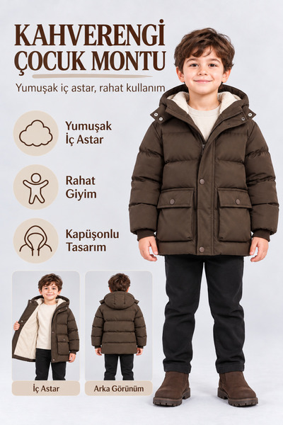AHENGİM Boy's Hooded Plush Lined Winter Puffer Coat with Zipper Pockets Ak4301