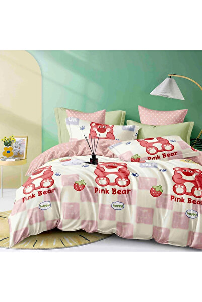 decorami Lenjerie pat dublu, FINET, 6 piese, cu ELASTIC, Jojo Home, Roz, ursu...