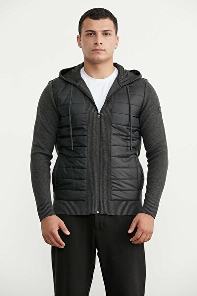 Sementa Hooded Quilted Detailed Wool Knitwear Coat - Anthracite