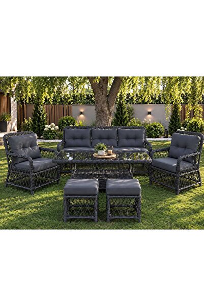 Evdesa Edram Rattan Puflu Bahçe Balkon Takımı 3+1+1 Gri
