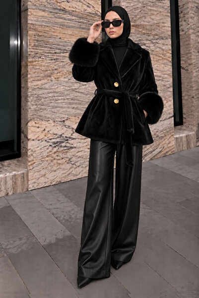 Tesettür Dünyası Fox Coat with Fur Sleeves Tsd260352 Black