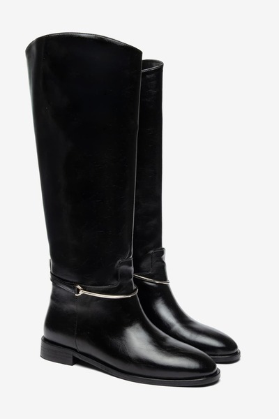 diclepolat Women's Black Buckle Riding Boots – Below the Knee Flat Sole Long ...